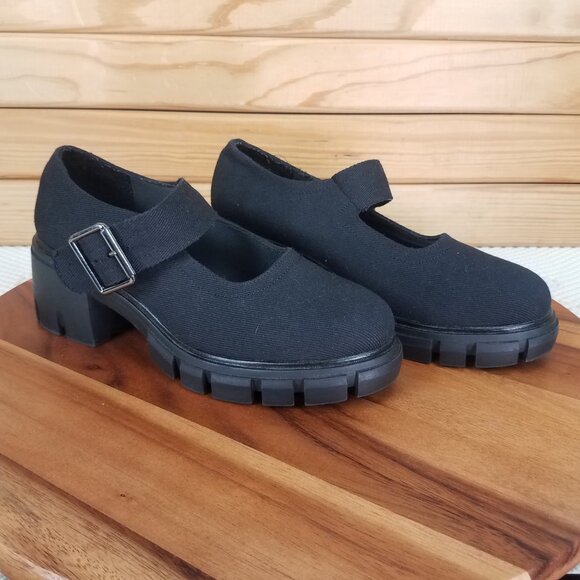 ASOS Womens Skittle US 6 Black Heavy Canvas Chunky Platform Mary Jane Heel - Picture 1 of 8